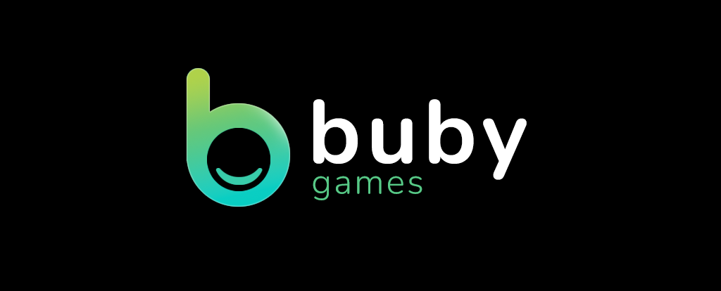 Buby Games — a smiling lime-green and teal b beside the studio name.
